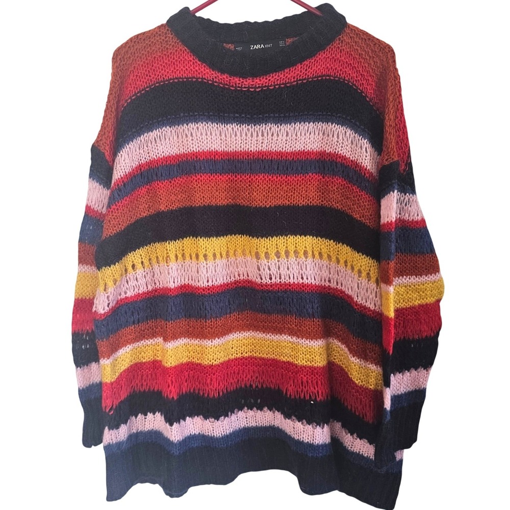 Zara Knit Italian Yarn Multi Color Striped Crewneck Sweater Womens Small Italy - Picture 1 of 3
